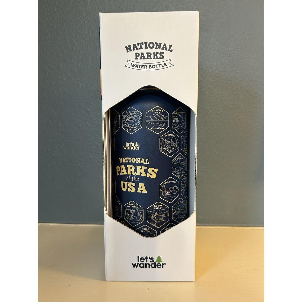 NEW Let's Wander National Parks Water Bottle + Waterproof Stickers Blue
